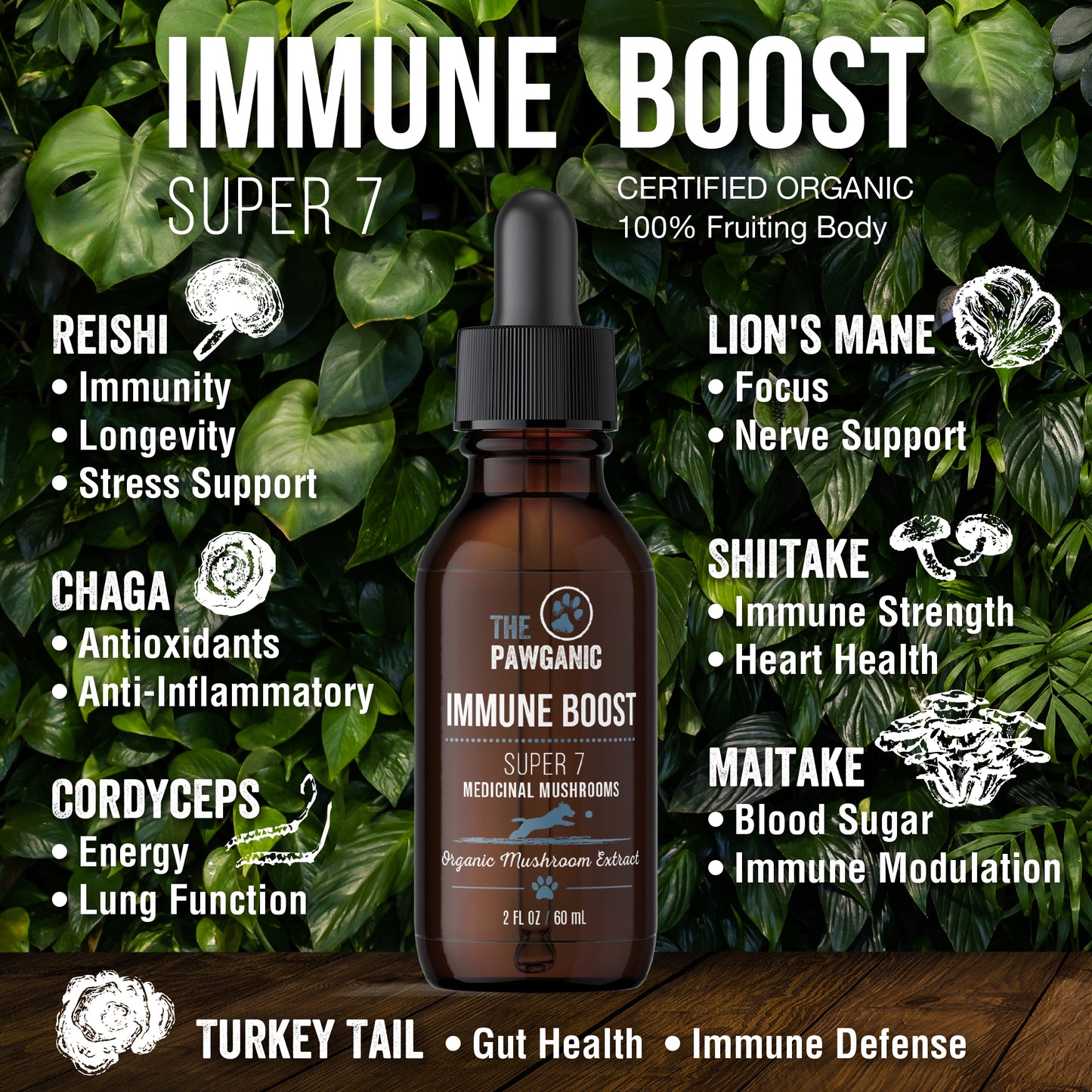 Bottle of immune boost supplement with medicinal mushroom extract on a leafy green background